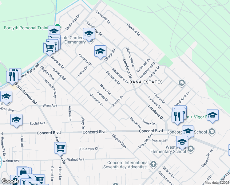 map of restaurants, bars, coffee shops, grocery stores, and more near 3701 Lindero Drive in Concord