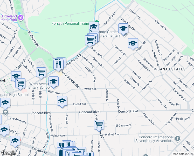 map of restaurants, bars, coffee shops, grocery stores, and more near 1859 Jacqueline Way in Concord