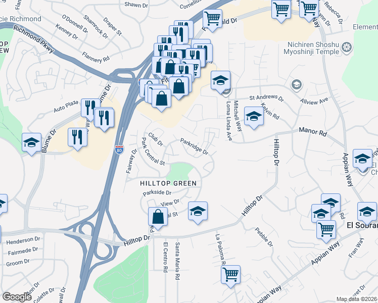 map of restaurants, bars, coffee shops, grocery stores, and more near 52 Overlook Lane in Richmond