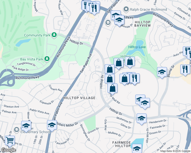 map of restaurants, bars, coffee shops, grocery stores, and more near 3634 West Court in Richmond