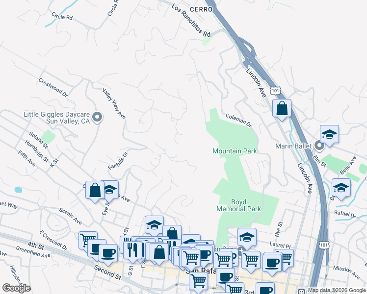 map of restaurants, bars, coffee shops, grocery stores, and more near 95 Twin Oaks Avenue in San Rafael