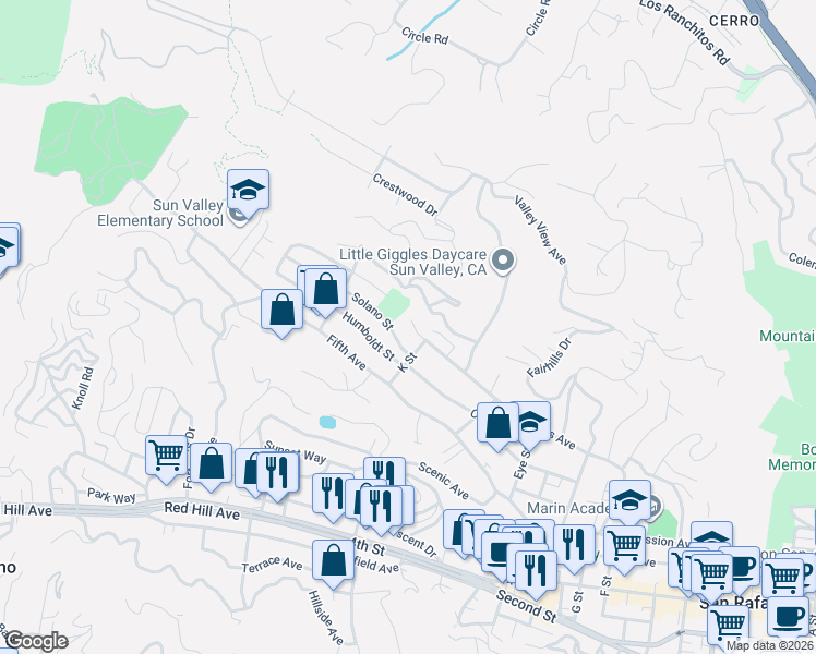 map of restaurants, bars, coffee shops, grocery stores, and more near 106 Solano Street in San Rafael