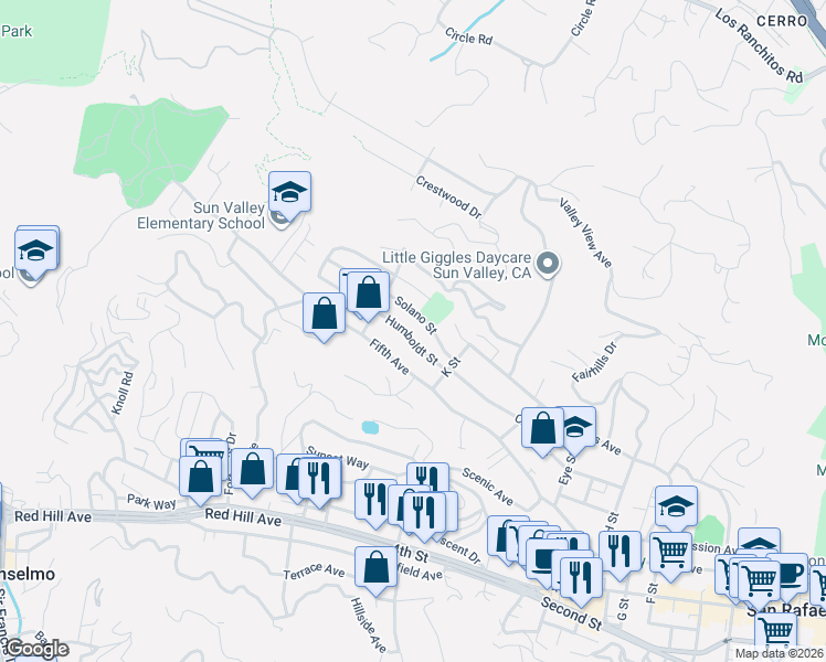 map of restaurants, bars, coffee shops, grocery stores, and more near 131 Humboldt Street in San Rafael