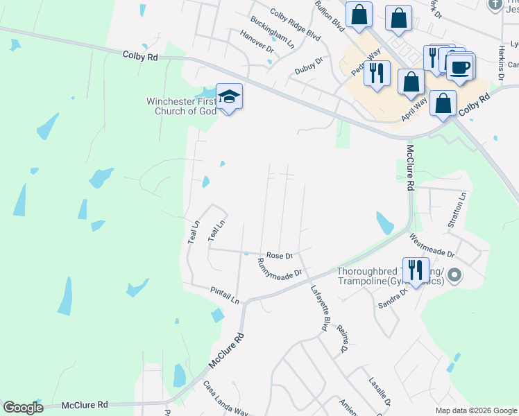 map of restaurants, bars, coffee shops, grocery stores, and more near 212 Woodduck Court in Winchester