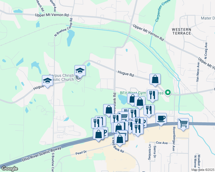 map of restaurants, bars, coffee shops, grocery stores, and more near 5135 South Tower Drive in Evansville