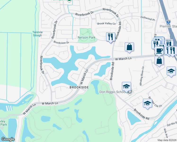 map of restaurants, bars, coffee shops, grocery stores, and more near 3607 Crystal Tree Court in Stockton