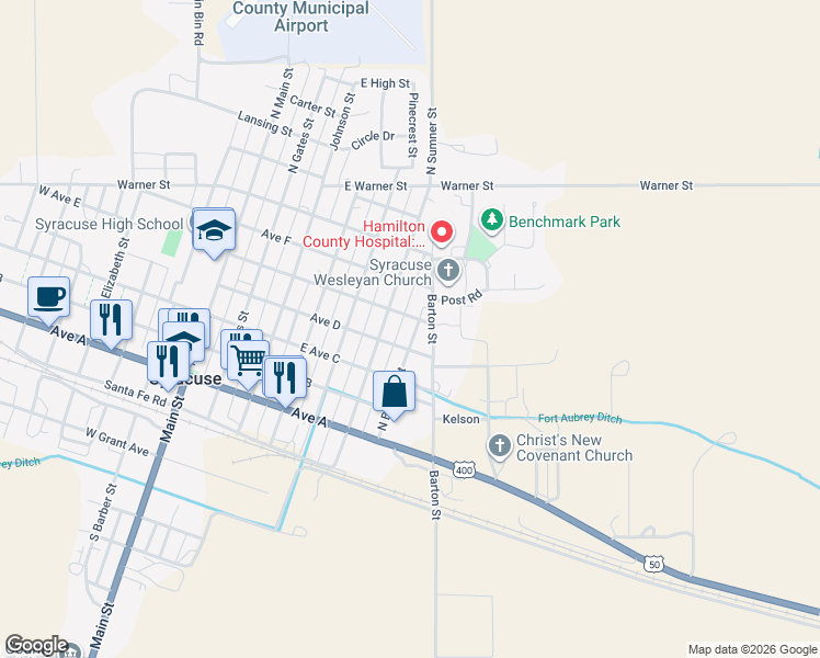 map of restaurants, bars, coffee shops, grocery stores, and more near Avenue D in Syracuse