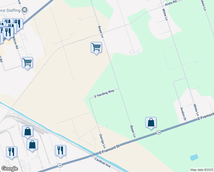 map of restaurants, bars, coffee shops, grocery stores, and more near 5451 East Harding Way in Stockton