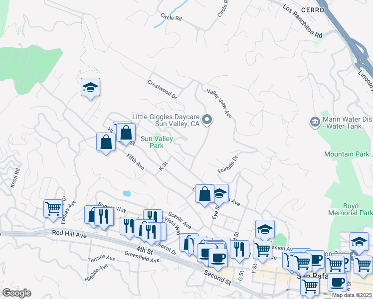 map of restaurants, bars, coffee shops, grocery stores, and more near 16 Chestnut Avenue in San Rafael