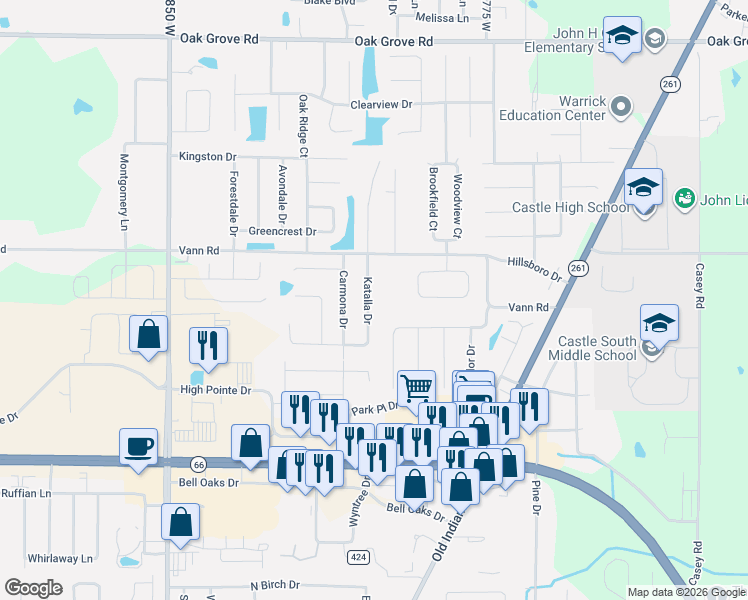 map of restaurants, bars, coffee shops, grocery stores, and more near 3744 Katalla Drive in Newburgh