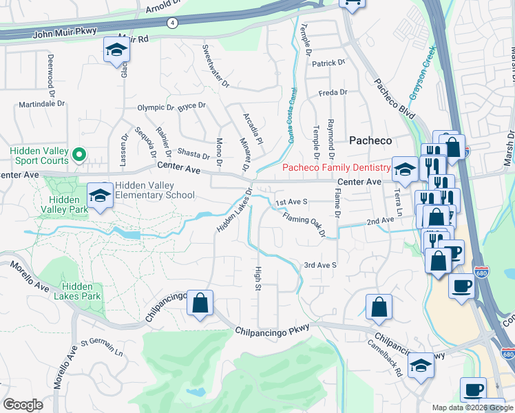 map of restaurants, bars, coffee shops, grocery stores, and more near 122 High Street in Pacheco