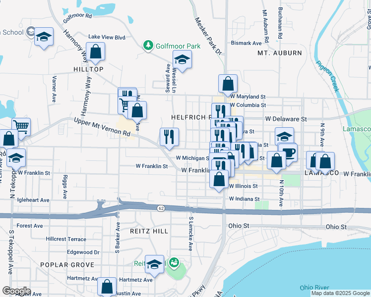 map of restaurants, bars, coffee shops, grocery stores, and more near 402 Connecticut Avenue in Evansville