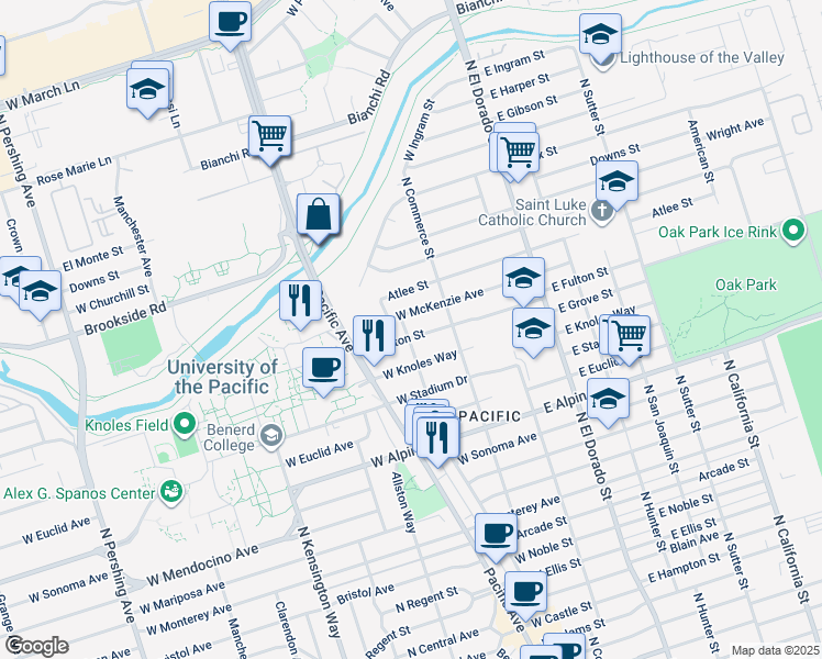 map of restaurants, bars, coffee shops, grocery stores, and more near 3704 Bonnie Lane in Stockton
