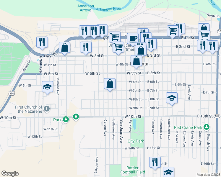 map of restaurants, bars, coffee shops, grocery stores, and more near 619 Carson Avenue in La Junta