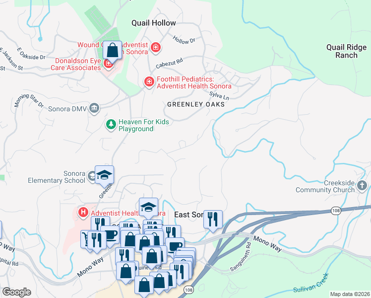 map of restaurants, bars, coffee shops, grocery stores, and more near 12936 Burl Court in Sonora