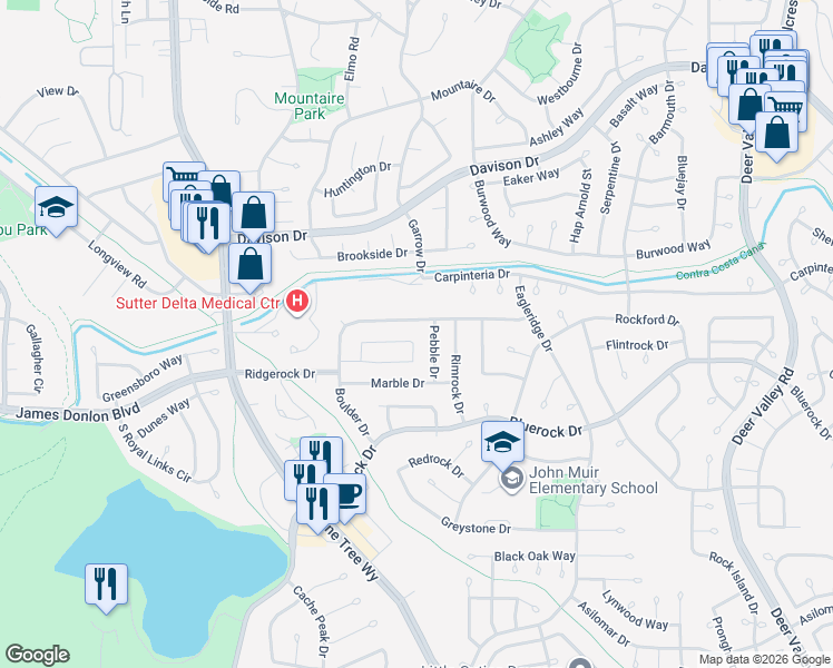 map of restaurants, bars, coffee shops, grocery stores, and more near 224 Cobblestone Drive in Antioch