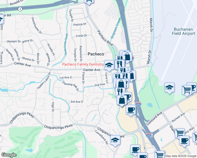 map of restaurants, bars, coffee shops, grocery stores, and more near 127 Elder Drive in Pacheco