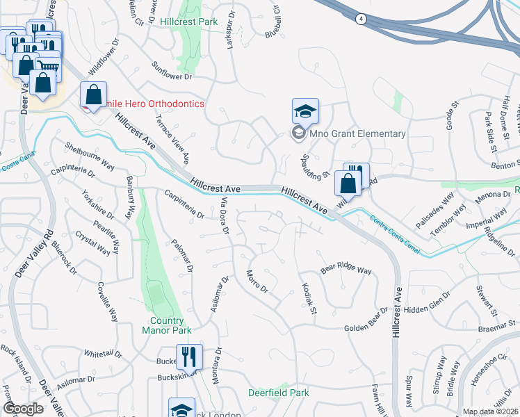 map of restaurants, bars, coffee shops, grocery stores, and more near 2908 Winding Lane in Antioch
