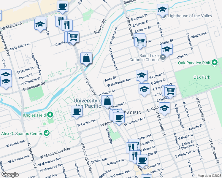 map of restaurants, bars, coffee shops, grocery stores, and more near 3704 Bonnie Lane in Stockton