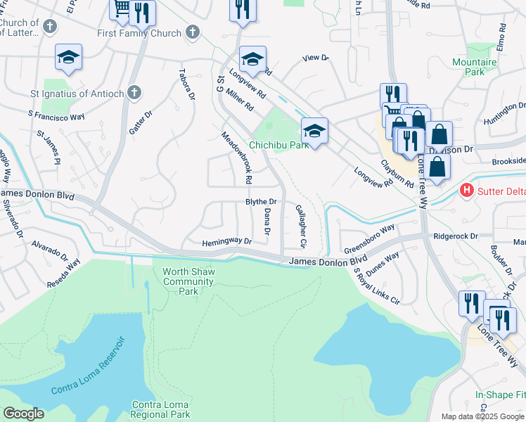 map of restaurants, bars, coffee shops, grocery stores, and more near 3508 Dana Drive in Antioch