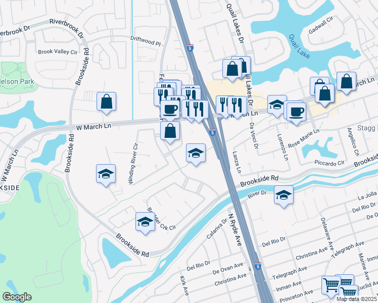 map of restaurants, bars, coffee shops, grocery stores, and more near 4444 Feather River Drive in Stockton