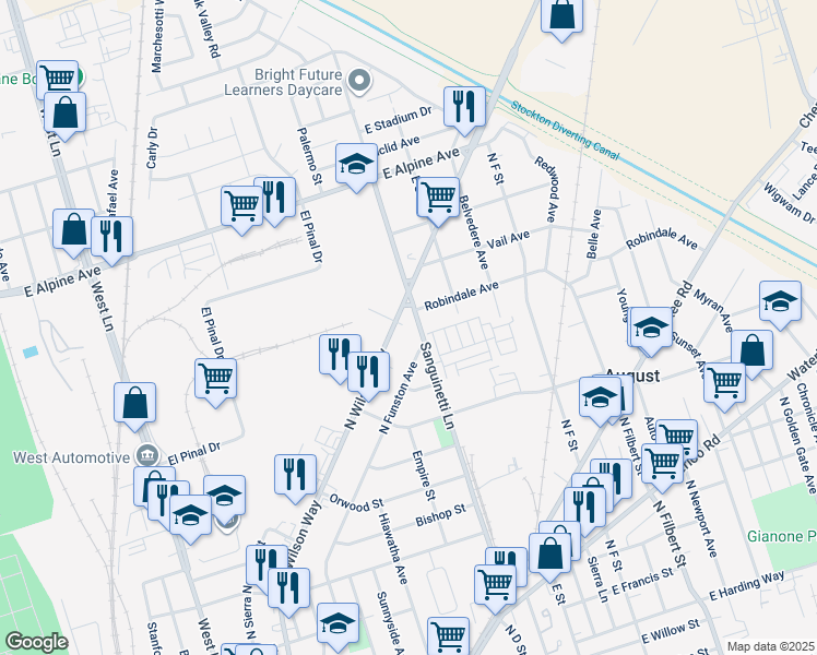 map of restaurants, bars, coffee shops, grocery stores, and more near in Stockton