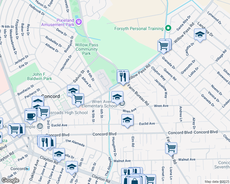 map of restaurants, bars, coffee shops, grocery stores, and more near 3217 David Court in Concord