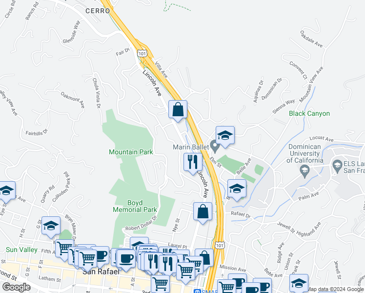 map of restaurants, bars, coffee shops, grocery stores, and more near 139 Prospect Drive in San Rafael