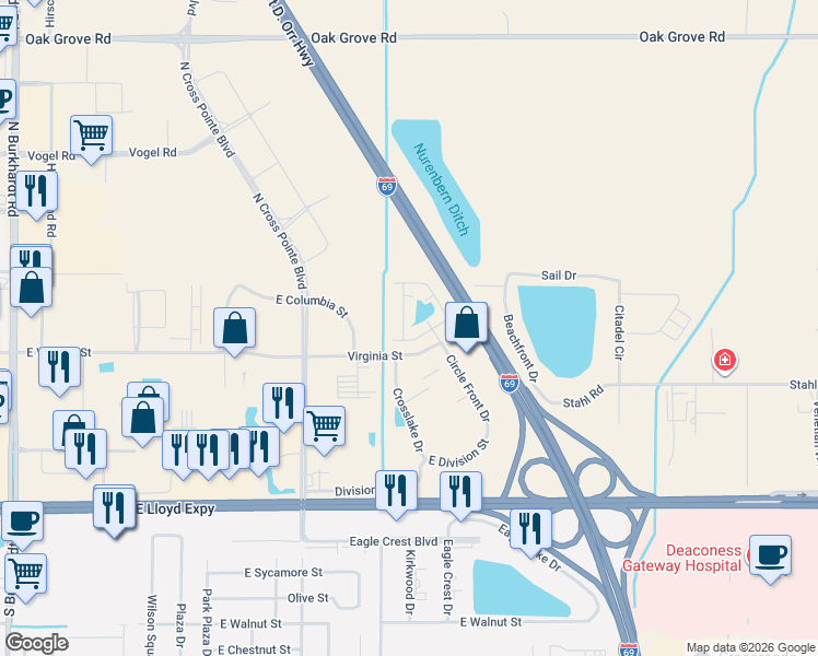 map of restaurants, bars, coffee shops, grocery stores, and more near Virginia St in Evansville