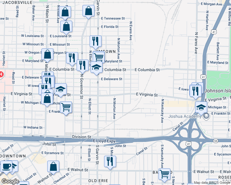 map of restaurants, bars, coffee shops, grocery stores, and more near 739 East Virginia Street in Evansville