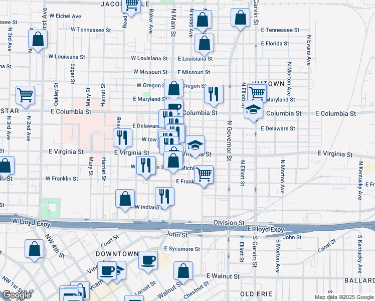 map of restaurants, bars, coffee shops, grocery stores, and more near 26 East Michigan Street in Evansville
