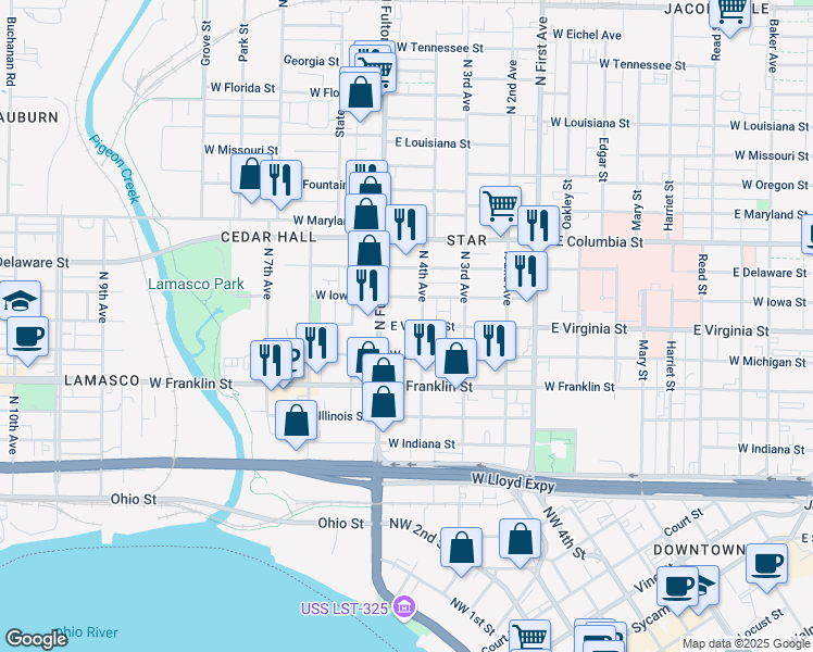 map of restaurants, bars, coffee shops, grocery stores, and more near 1121 West Michigan Street in Evansville