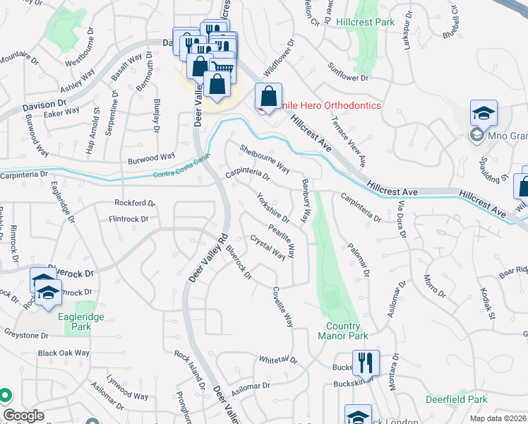 map of restaurants, bars, coffee shops, grocery stores, and more near 2412 Yorkshire Drive in Antioch
