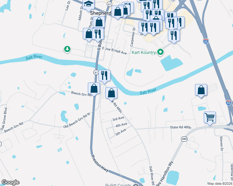 map of restaurants, bars, coffee shops, grocery stores, and more near 290 Old Preston Highway South in Shepherdsville