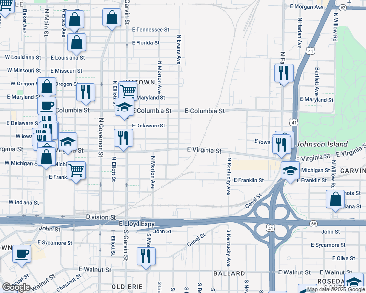 map of restaurants, bars, coffee shops, grocery stores, and more near 804 East Virginia Street in Evansville