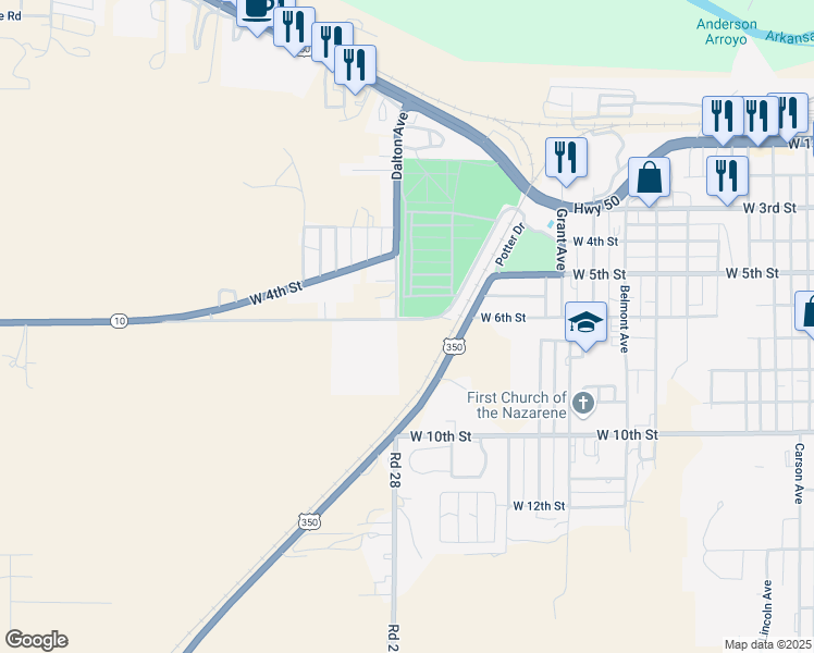 map of restaurants, bars, coffee shops, grocery stores, and more near 6th St in La Junta