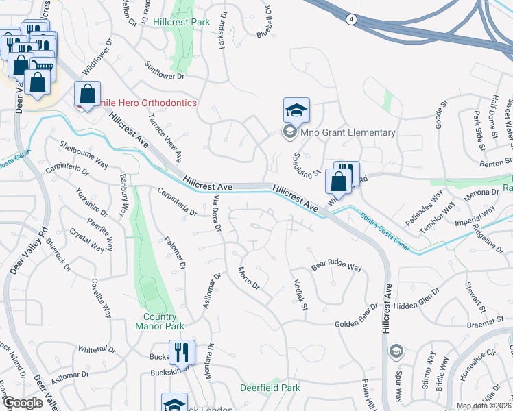 map of restaurants, bars, coffee shops, grocery stores, and more near 2750 Ivy Lane in Antioch
