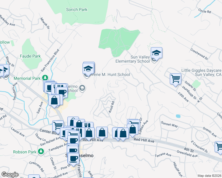map of restaurants, bars, coffee shops, grocery stores, and more near 39 Madera Avenue in San Anselmo