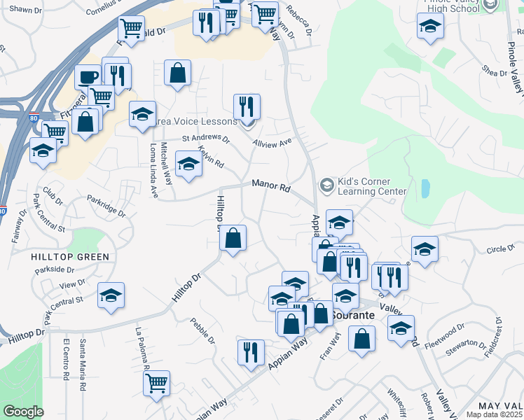 map of restaurants, bars, coffee shops, grocery stores, and more near Rincon Road & Bayview Court in El Sobrante