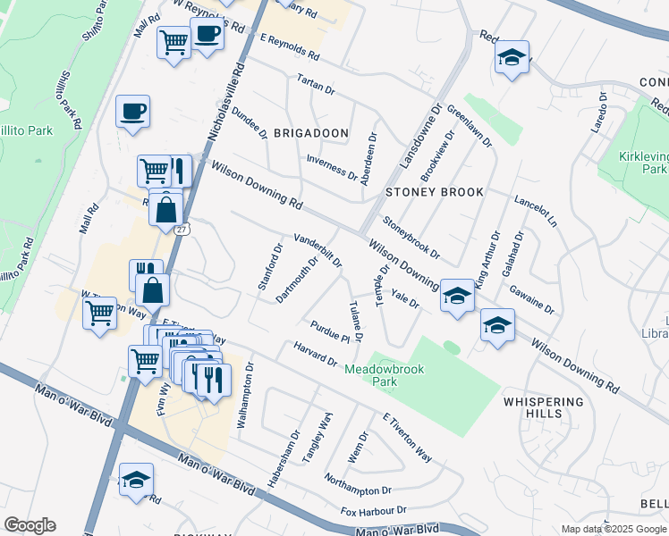 map of restaurants, bars, coffee shops, grocery stores, and more near 233 Vanderbilt Drive in Lexington