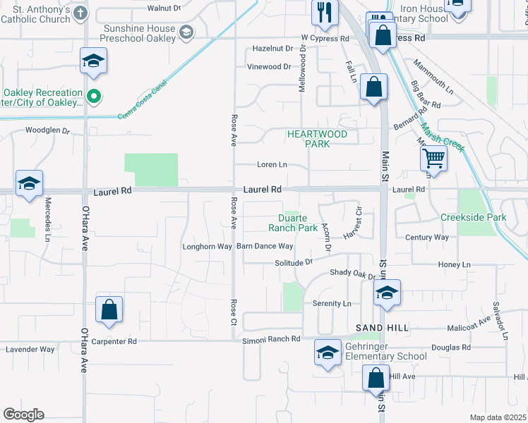map of restaurants, bars, coffee shops, grocery stores, and more near 520 Stone Mountain Drive in Oakley