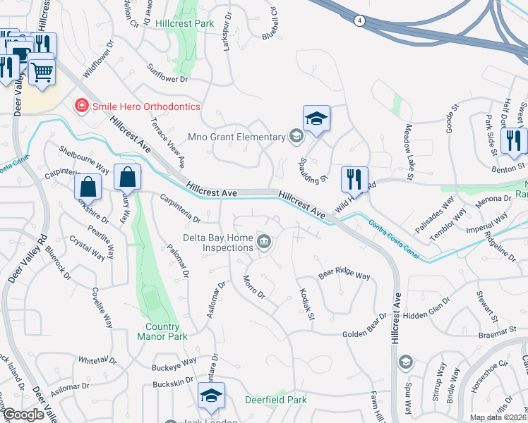 map of restaurants, bars, coffee shops, grocery stores, and more near 2922 Winding Lane in Antioch
