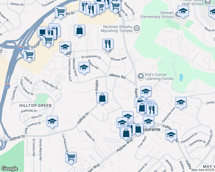 map of restaurants, bars, coffee shops, grocery stores, and more near 760 Kelvin Road in El Sobrante