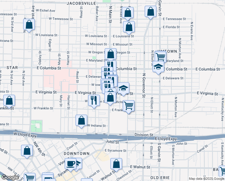 map of restaurants, bars, coffee shops, grocery stores, and more near 600 North Main Street in Evansville