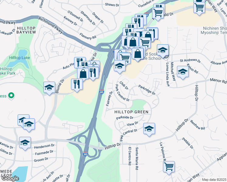 map of restaurants, bars, coffee shops, grocery stores, and more near Fairway Drive & Greenway Drive in Richmond