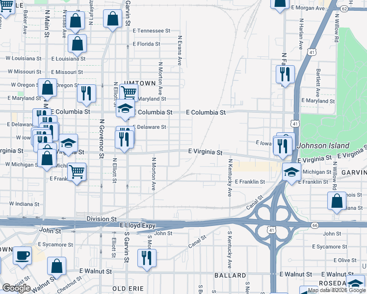 map of restaurants, bars, coffee shops, grocery stores, and more near 800 East Iowa Street in Evansville