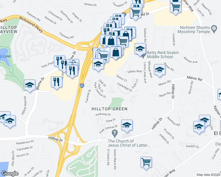 map of restaurants, bars, coffee shops, grocery stores, and more near 61 Greenview Lane in Richmond
