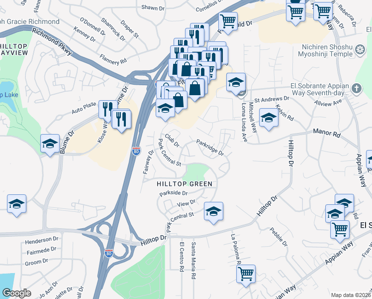 map of restaurants, bars, coffee shops, grocery stores, and more near 61 Greenview Lane in Richmond