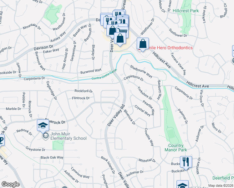 map of restaurants, bars, coffee shops, grocery stores, and more near 2139 Hailstone Way in Antioch