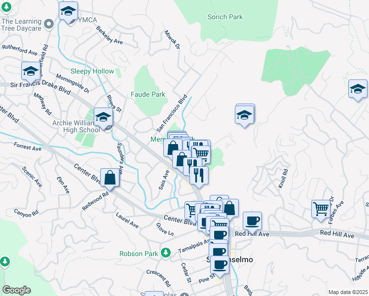 map of restaurants, bars, coffee shops, grocery stores, and more near 101 Sunnyhills Drive in San Anselmo